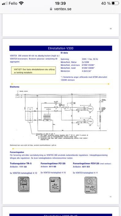 Svensk manual, elinstallationsschema, tekniska specifikationer, komponentbilder, webbsidelayout med mobil signalstyrka.