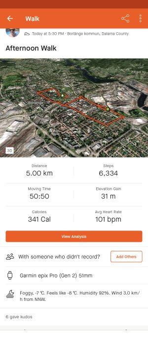 Skärmdump av aktivitetsspårningsapp som visar eftermiddagspromenad, fem kilometer, Borlänge, kallt väder.