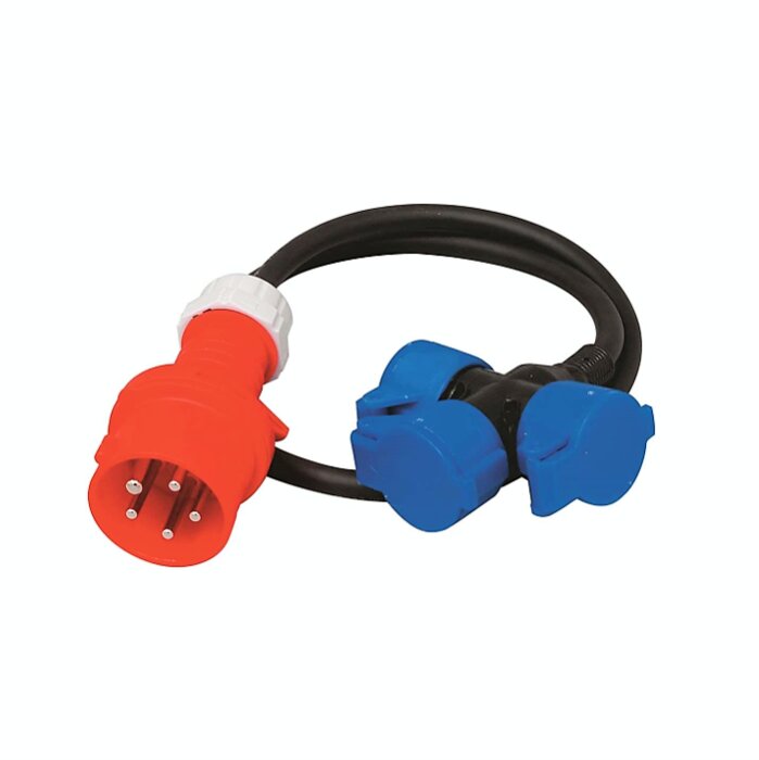 Adapterkabel med en röd CEE-kontakt och två blå CEE-uttag. Verktyg för eldistribution.