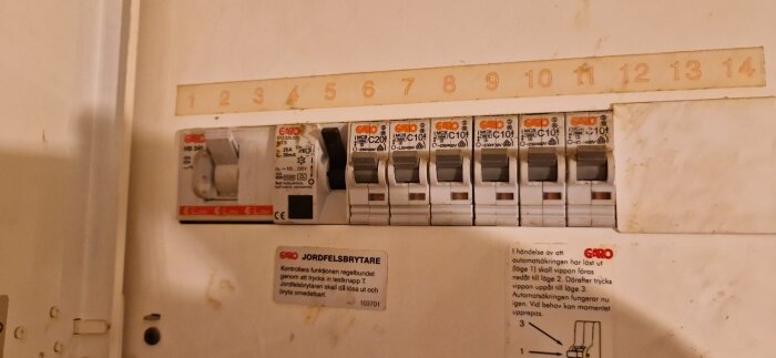 Elskåp med säkringar, jordfelsbrytare och numrerade positioner. Anvisningar på svenska, slitage och fläckar synliga.