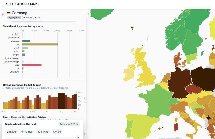 Europeisk karta och diagram som visar Tysklands elektricitetsproduktion och koldioxidintensitet den 7 december 2023.