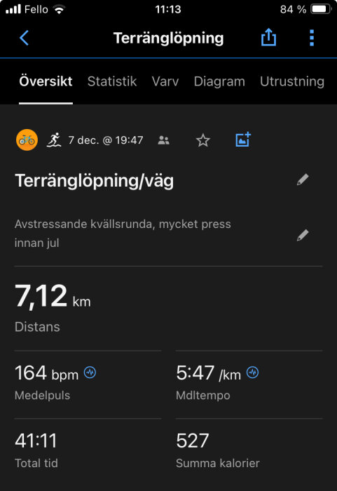 Träningsapp skärm, löprunda, 7,12 km, medelpuls 164 bpm, tid 41:11, kaloriförbrukning, mörkt tema.