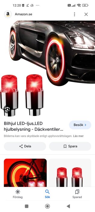 Svart bil med rödlysande LED-hjulbelysning. Nedre del: LED-lampor och cykel med samma belysning. Webbshop-annons.
