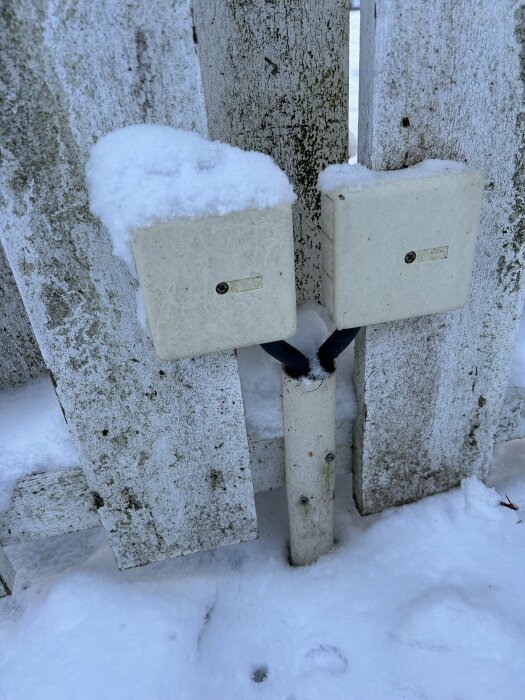 Två snötäckta eluttag på ett slitet trästaket omgivet av snö.