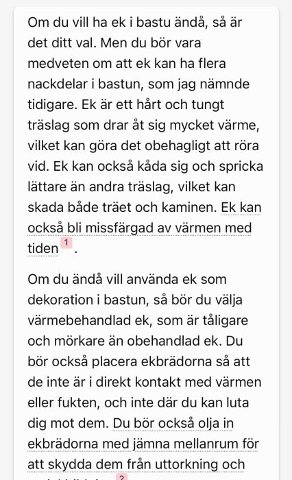 Text på svenska som diskuterar användning av ekträ i bastu.