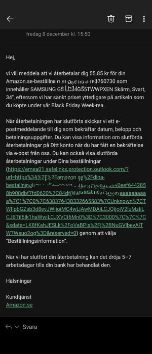 E-postmeddelande om återbetalning från Amazon.se för prissänkt produkt; länk och information om processen innehålls.