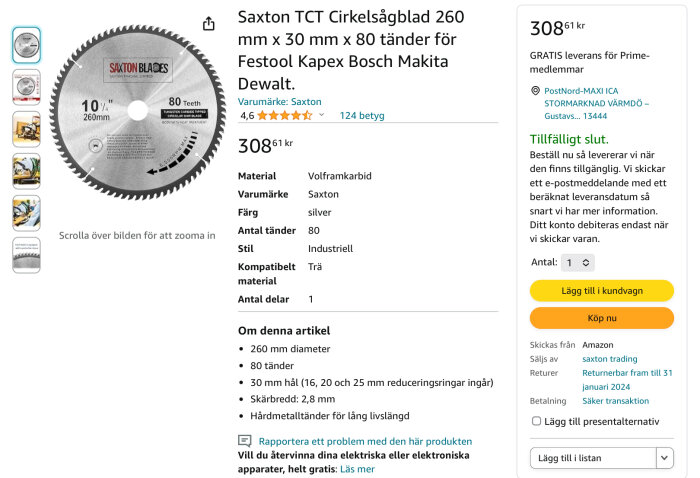 En cirkelsågsklinga av märket Saxton på en produktinformationssida för e-handel.