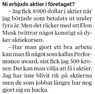 Artikeln handlar om anställda som erbjuds aktier som ersättning och effekten av Elon Musks tweets på aktiekursen.