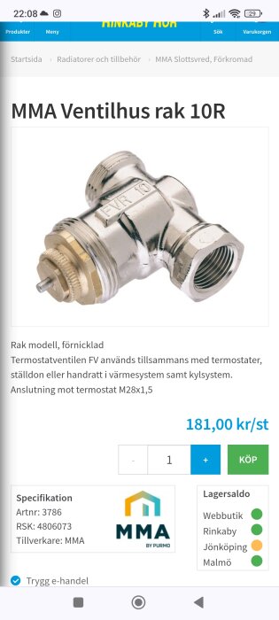 Skärmdump av webbutik som visar vinkelventil för värmesystem, prissatt 181 svenska kronor.