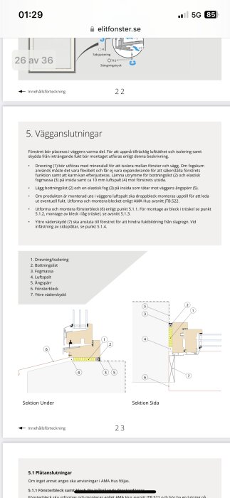 Instruktioner för installation av vägganslutning för fönster, inkluderar text och illustrationer. (Svenska websida, teknisk manual)