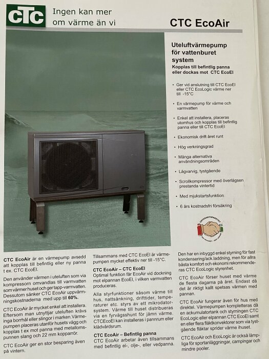 Reklamblad för värmepump, CTC EcoAir, information om funktioner, installation, fördelar, ekonomisk drift, och försäkring.