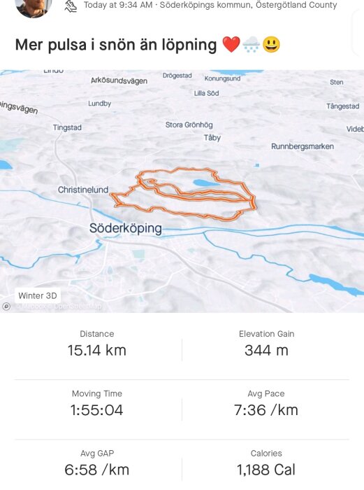 Skärmdump av löprutt, Söderköping, snöiga förhållanden, 15,14 km avklarade, 344 meters höjdvinst, energiförbrukning 1188 kcal.