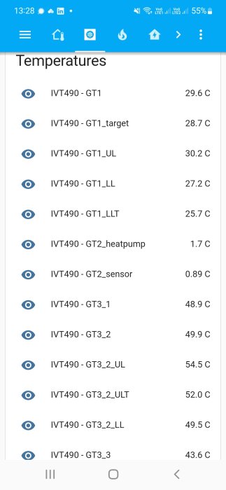 Mobilskärmskärm visar temperaturdata för olika sensorer märkta som "IVT490" med värden i Celsius.