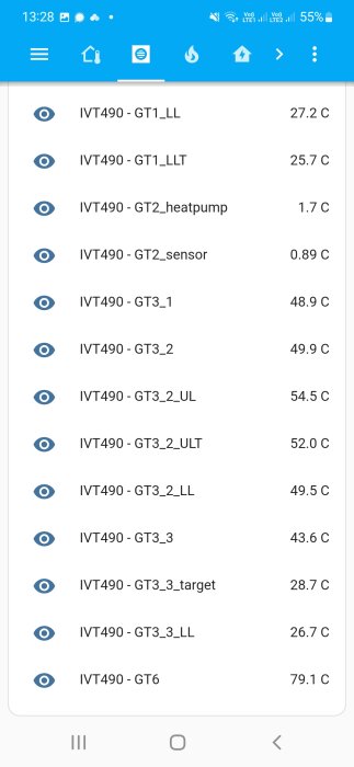 Skärmbild av en kontrollpanel som visar temperatursensorvärden på en mobilskärm.