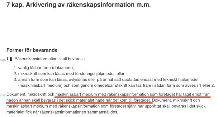 Svensk text om arkivering av räkenskapsinformation och olika bevarandeformer. Regelverk, paragrafer markerade.