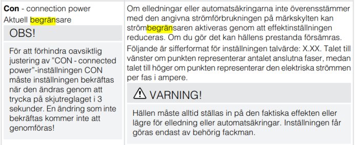 Instruktioner för inställning av ansluten effekt och varningar om strömbegränsning på en svensk bruksanvisning.