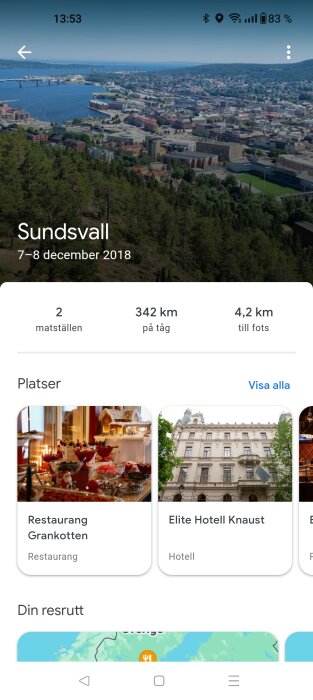 Skärmavbild av mobilapp visar resa till Sundsvall med matställen, hotell och kartvy.