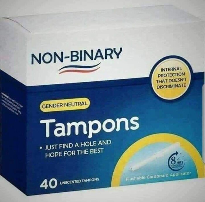 Förpackning med tamponger, humoristisk, "non-binary", "gender neutral", satir över könsidentitetsdiskussioner, personlig hygienprodukt.