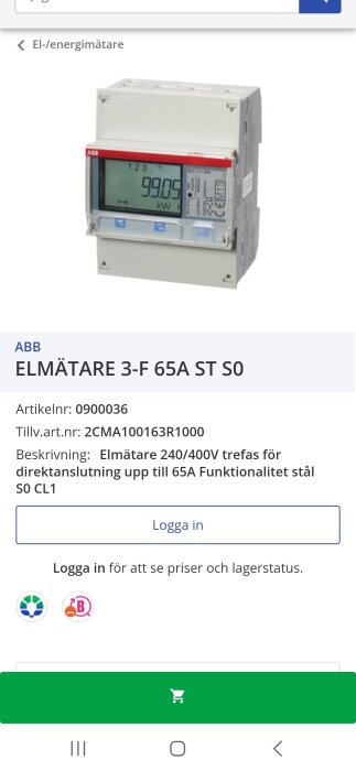 Elektricitetsmätare från ABB, trefasig, LCD-skärm, artikelnummer, energimätning upp till 65A.