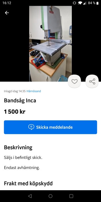 Bandsåg av märket INCA till salu, 1500 kronor, hämtas, använt skick.