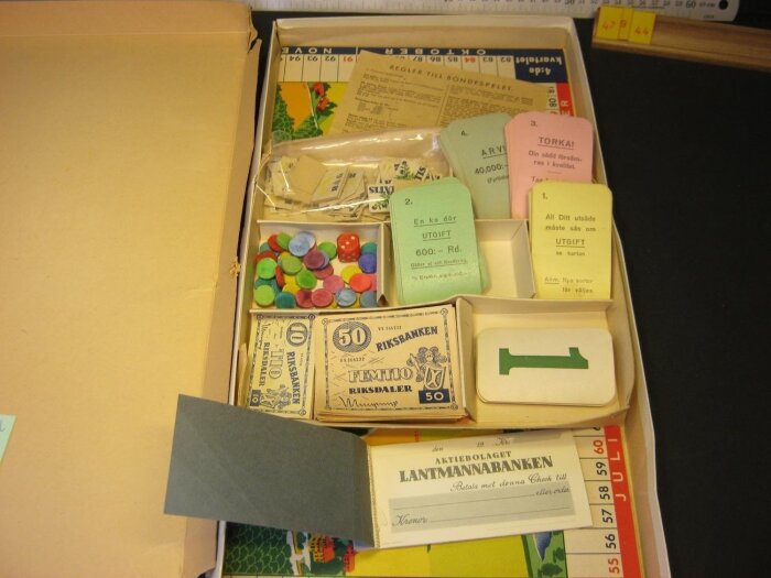 En låda med färgglada spelkomponenter, pengar, tärning, och spelkort. Klassiskt sällskapsspel, verkar vara vintage.