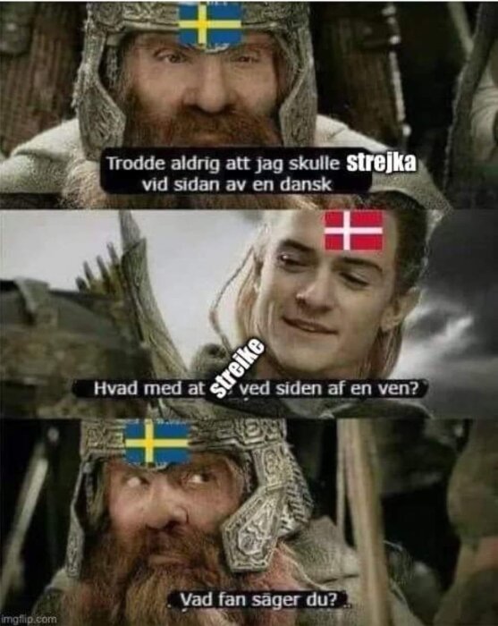 Meme med filmkaraktärer, svensk-dansk dialog, skämt om vänskap och rivalitet.