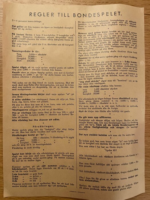 Gammal bild på regler för ett traditionellt brädspel med text på svenska, tycks vara för "Bondespelet."