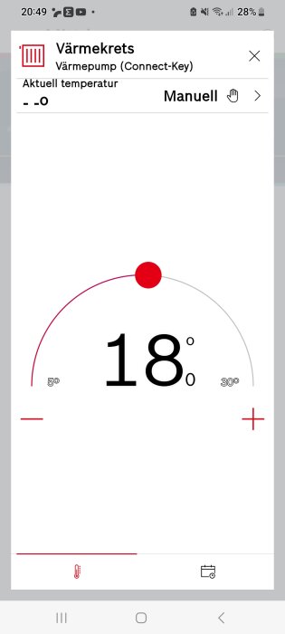 Mobilskärm som visar värmeinställning på 18 grader, värmejustering, manuell läge.