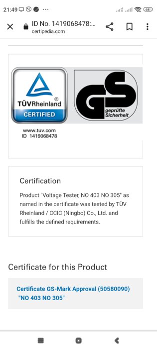 Skärm med dokumentation om produktcertifiering, TÜV Rheinland, GS-märket, spänningstestare, certifikat ID och webblänk.