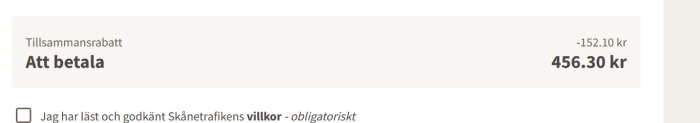 Skärmdump, betalningsöversikt, rabatt, totalt belopp, villkorsgodkännande, svenskt, 456.30 kronor slutsumma.
