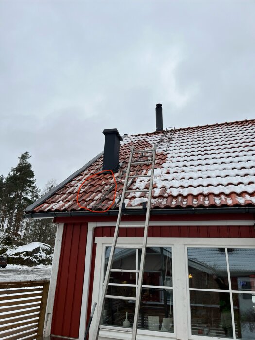 Ett rött hus med snöbeklädda takpannor, skorstenar, stegar som leder uppåt och snöig bakgrund.