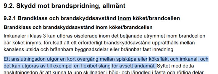 Svensk text om brandskydd i kök, brandklasser, anslutningsdon och installationsregler.