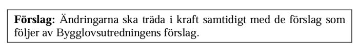 Svensk text med förslag om ändringar och bygglovsutredningar, inramad av svart linje.