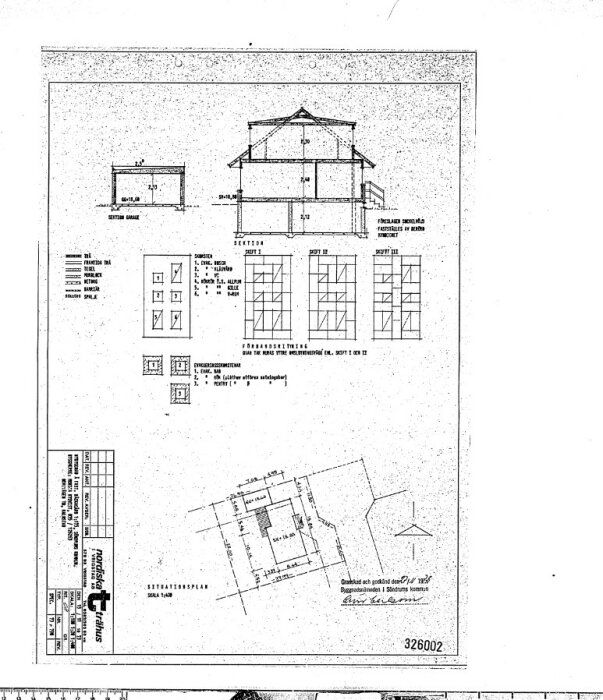 Arkitektritning med fasadvyer, snitt och planskisser av byggnad, detaljer och måttsättning, svartvitt.