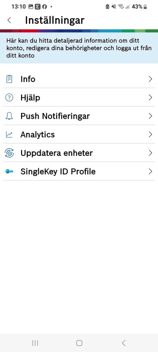 Skärmdump av mobilinställningsmeny på svenska med olika alternativ som Info, Hjälp, och Notifieringar.
