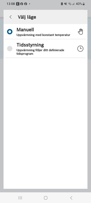 Skärmbild av en mobilapp, inställningar för uppvärmningslägen: manuell och tidsstyrning.