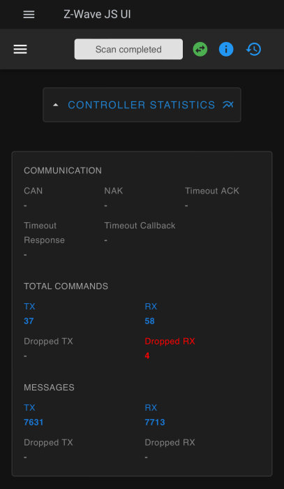 Mörkt gränssnitt, Z-Wave-styrenhetsstatistik, sända/mottagna kommandon, inga NAK eller CAN-meldelser, några missade RX.
