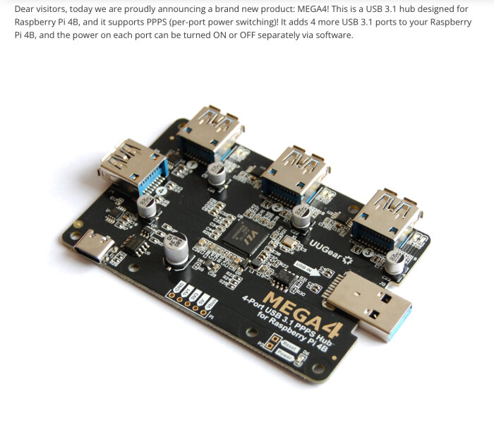 USB 3.1 hub för Raspberry Pi med fyra portar och individuell strömbrytning.