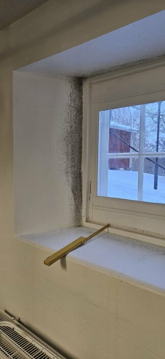 Inomhusfönster med mögel, linjal på fönsterbrädan, utsikt över snöigt landskap och röd byggnad.