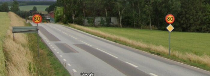 Landväg med hastighetsskyltar som visar 80 km/h, gröna fält och träd, ingen trafik, grå himmel.