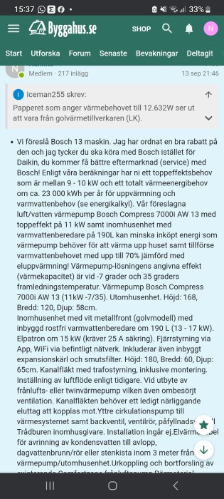 Skärmdump av ett foruminlägg på Byggahus.se om värmepumpar och energieffektivitet, med användargränssnitt och statusfält synligt.