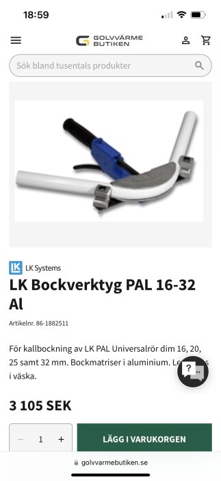 Bild på LK Bockverktyg för rör, blå och svart handtag, vit bakgrund, produktinformation, pris 3105 SEK.