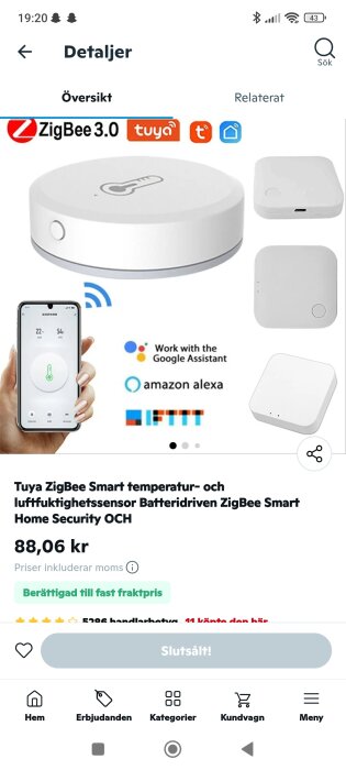 E-handelssida visar ZigBee smart temperatur- och luftfuktighetssensor, kompatibel med Google Assistant och Amazon Alexa.