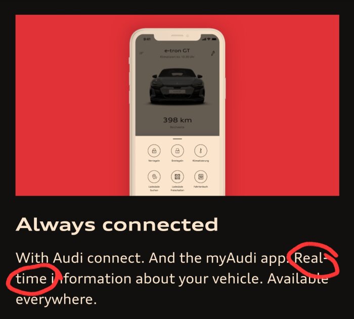 Smartphone-app för Audi e-tron GT, visar räckvidd, laddstatus och tilläggsfunktioner. Reklam med text om uppkoppling.