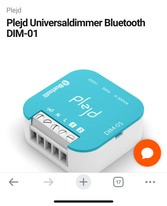 Blå och vit Plejd Universal Dimmer DIM-01 med Bluetooth för ljusstyrning.