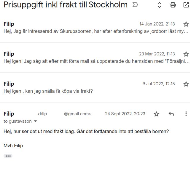 E-postkonversation där "Filip" upprepat frågar om pris och frakt för en vara under året 2022.