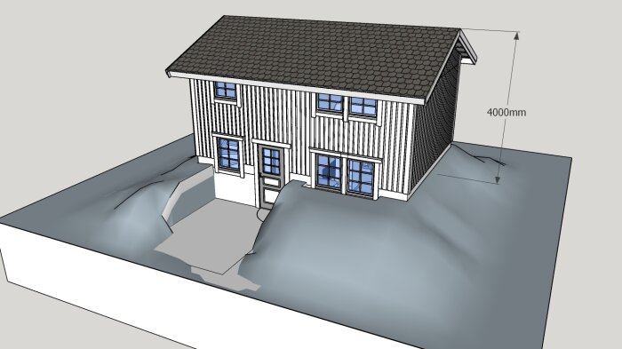 3D-modell av ett hus med måttmarkerat, vit träfasad, svart tak, blå fönster.