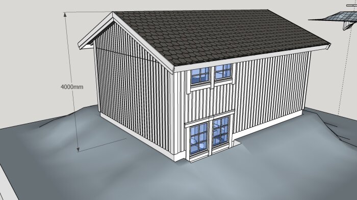 3D-modell av hus, vit, måttsatt, lutande tak, fönster, enkel konstruktion, arkitektonisk ritning, grått underlag.