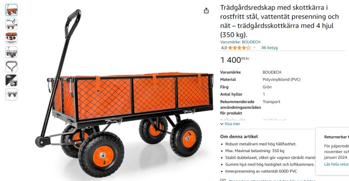 Trädgårdsvagn med nätgaller, orange-svart, fyra däck, dragstång, produktinformation på webbsida.