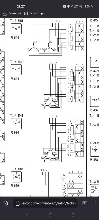 Elektriska scheman eller kopplingsdiagram, sannolikt för industriella system, visas på mobilskärm.